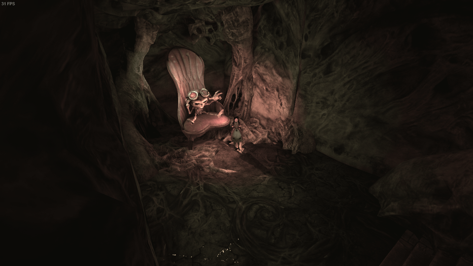 A screenshot from the Queensland level, which features an easter egg of Raz from psychonauts, seated in a chair over in a corner, his hand up to the side of his head in his signature pose.