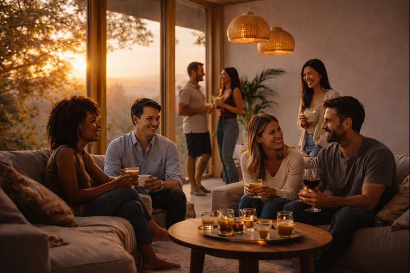 A group of adults talking and laughing together in a sunlit living room at sunset.