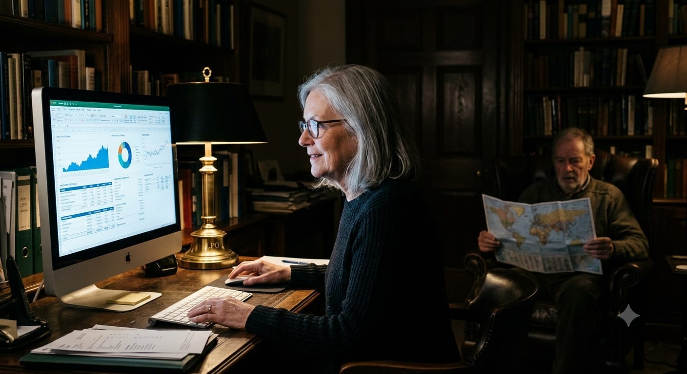 A photograph of a dimly lit, sophisticated home library or study at night. In the foreground, a senior woman with grey hair and glasses sits at a desk, smiling slightly as she works on an iMac displaying detailed financial charts and spreadsheets. She uses a mouse and keyboard. In the background, sitting in a leather armchair and slightly out of focus, an older man holds and reads a paper world map, illuminated by a smaller lamp. Both are absorbed in their separate activities. The room is filled with dark wood bookshelves.