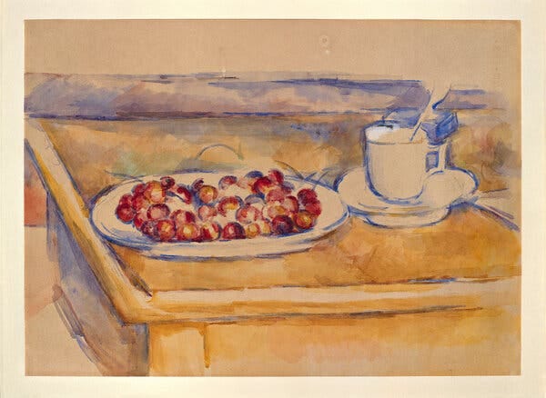 “Still Life With Cherries” by Paul Cézanne.Credit...Magnani Rocca Foundation, via Reuters: A painting of a plate of cherries and a mug on a table. 