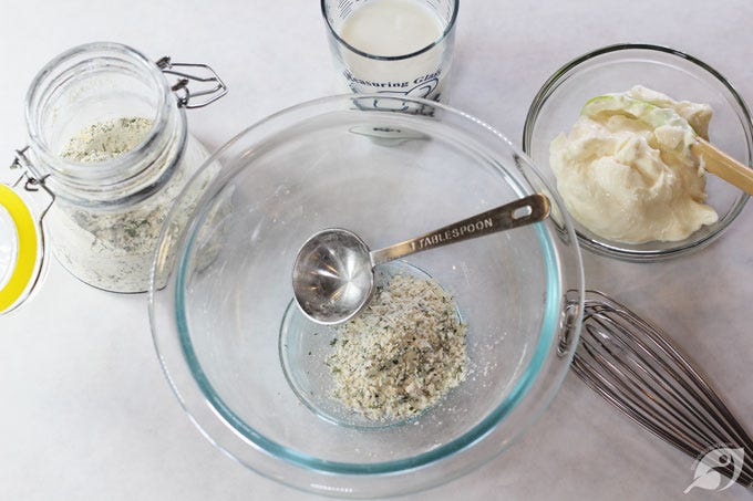 Begin with 1-2 tablespoons of Homestyle Buttermilk Ranch Dressing & Dip Mix. Begin with 1-2 tablespoons of Homestyle Buttermilk Ranch Dressing & Dip Mix.