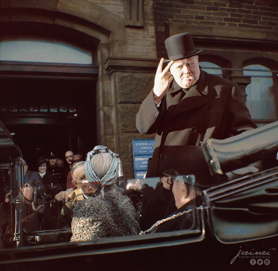 Winston Churchill, cigar in mouth, gives his famous 'V' sign during a visit  to Bradford (Lister's Mill) on December 4, 1942 : r/ColorizedHistory