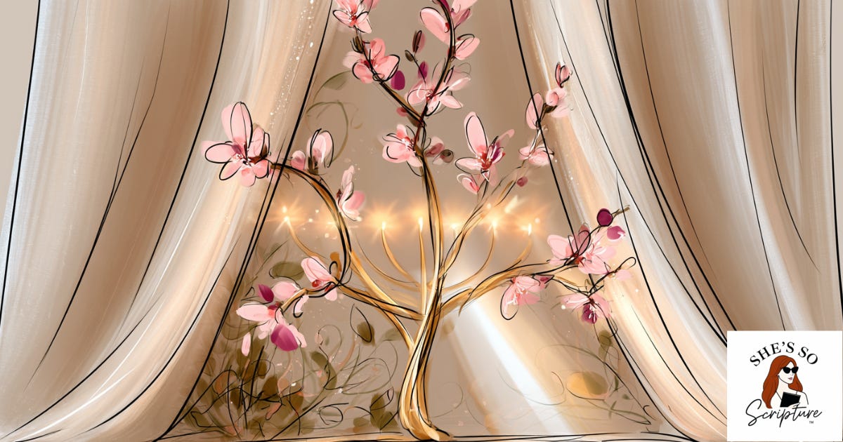 Watercolor illustration of a golden menorah shaped like a flowering almond tree glowing inside tabernacle curtains with garden vines in the background. Watercolor illustration of a golden menorah shaped like a flowering almond tree glowing inside tabernacle curtains with garden vines in the background.