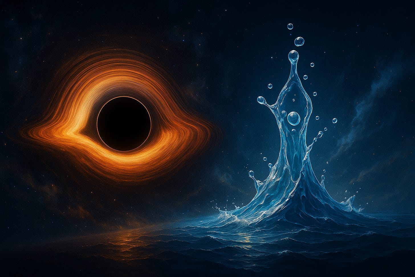 A digital artwork blending cosmic and natural imagery. The upper half shows a swirling black hole pulling in starlight, radiating gravitational power. The lower half depicts a luminous drop of water forming ripples that expand outward, symbolising stability and life. Together, they visualise the polarity of coherence: water as the molecular triadic lock of life, black holes as cosmic referees pruning instability.