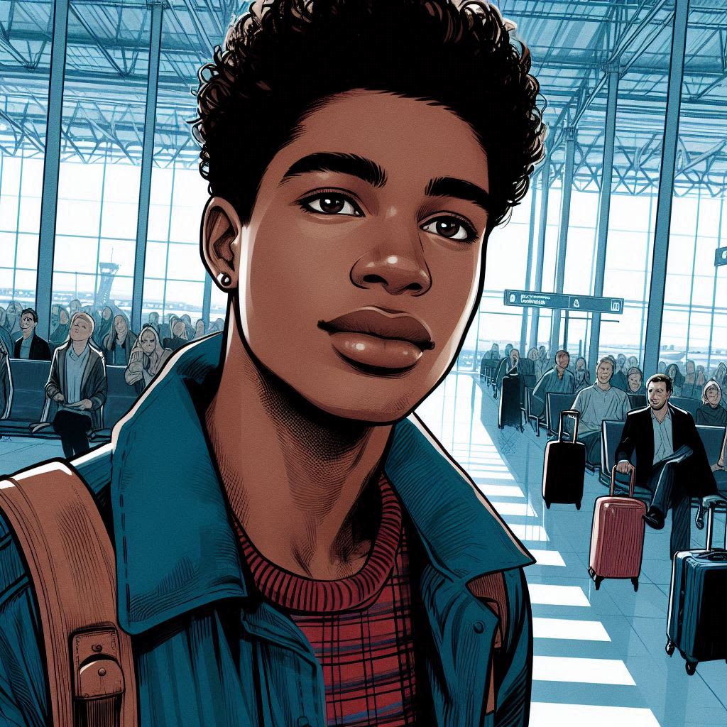 a young dark-skinned gay man arriving at an airport, book cover drawing
