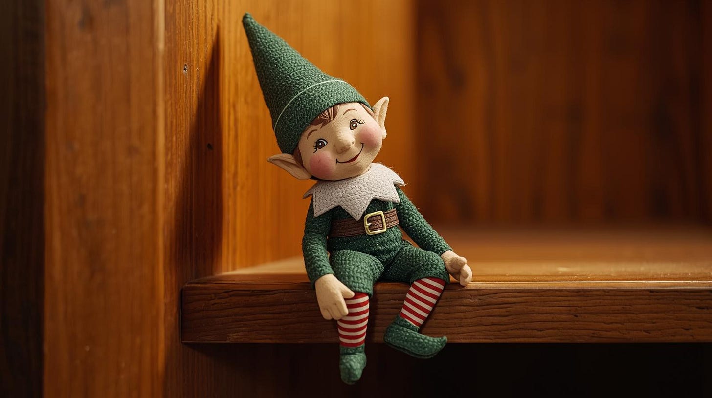 Elf on a Shelf green hat and coat red white striped socks Elf on a Shelf green hat and coat red white striped socks