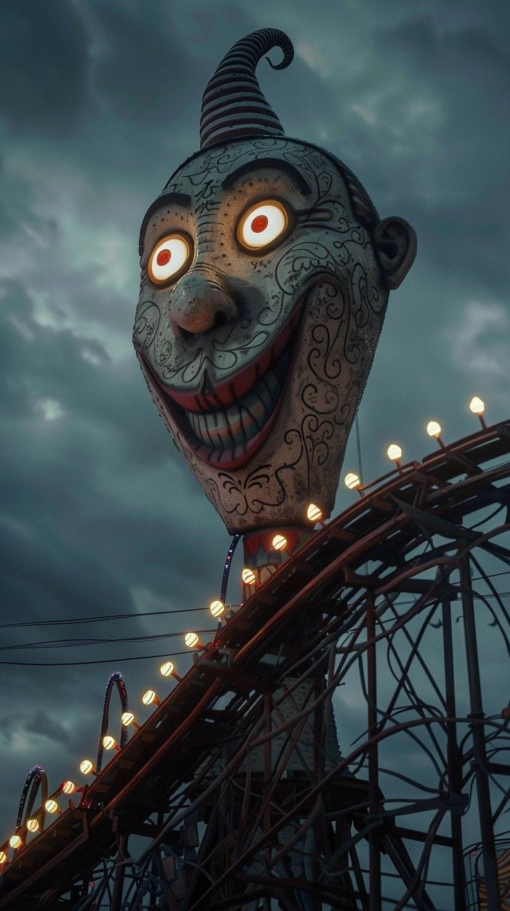 This may contain: a creepy looking clown head on top of a roller coaster at an amusement park during the night