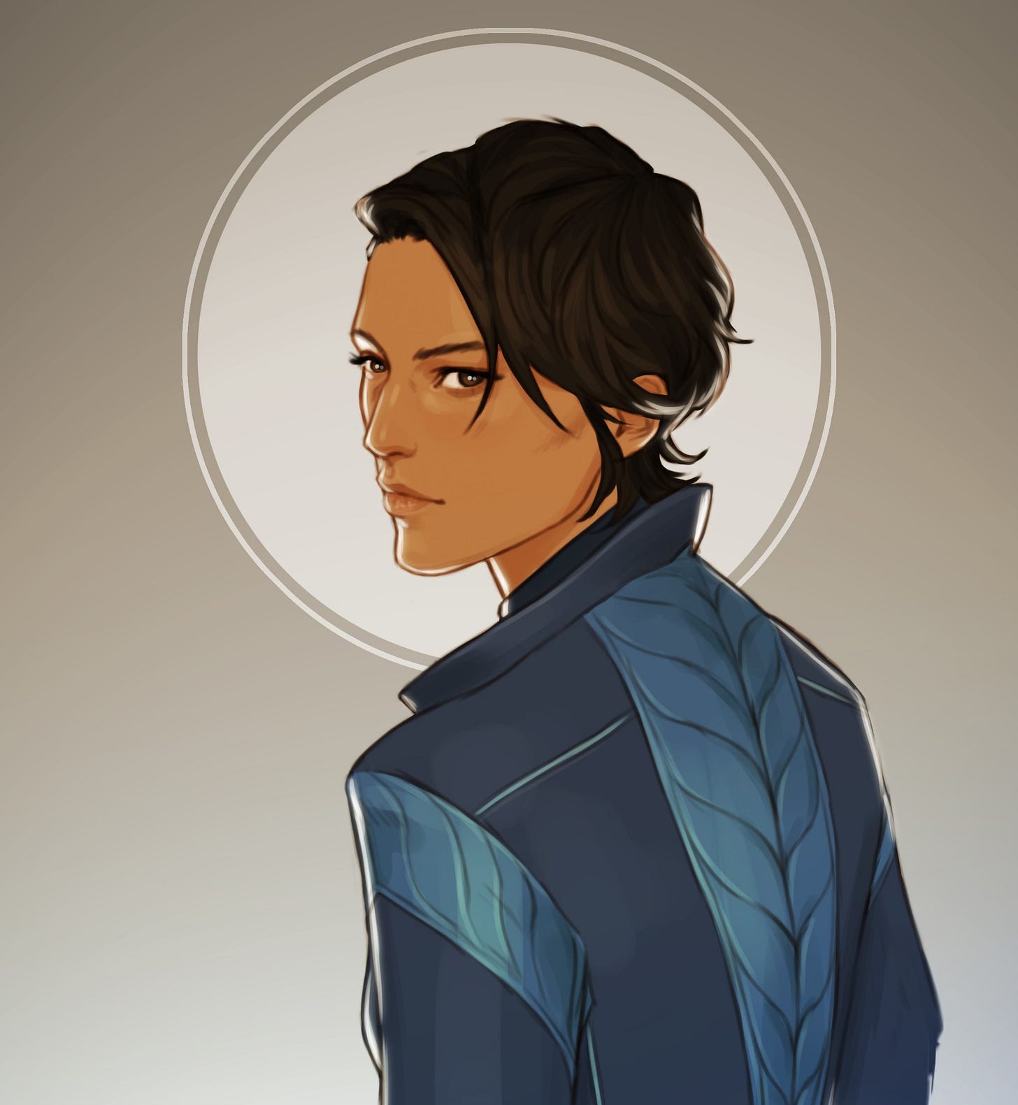 An illustration of Vivia by Merwild, in which she is wearing a blue uniform and lookin over her shoulder at you. She has brown skin and short, dark brown hair. She looks serious and almost sad
