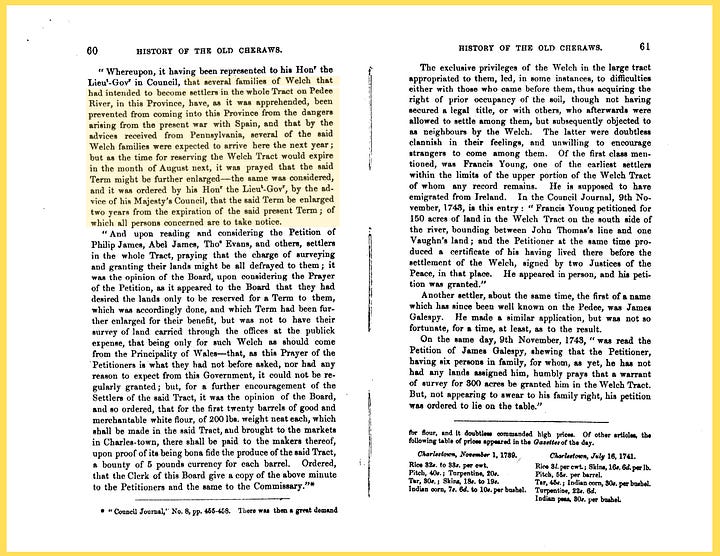 Scanned two-page spreads from an 1867 history book, dense columns of printed text with passages highlighted in yellow and purple marking references to early Welsh settlers on the Pedee River in colonial South Carolina, including the surname Sorrency in several spellings.