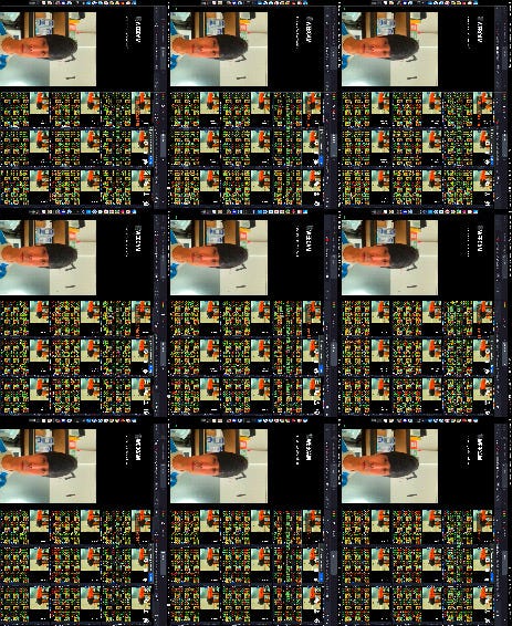 Images of glitched computer graphics and a large projection in a gallery space showing the final work 