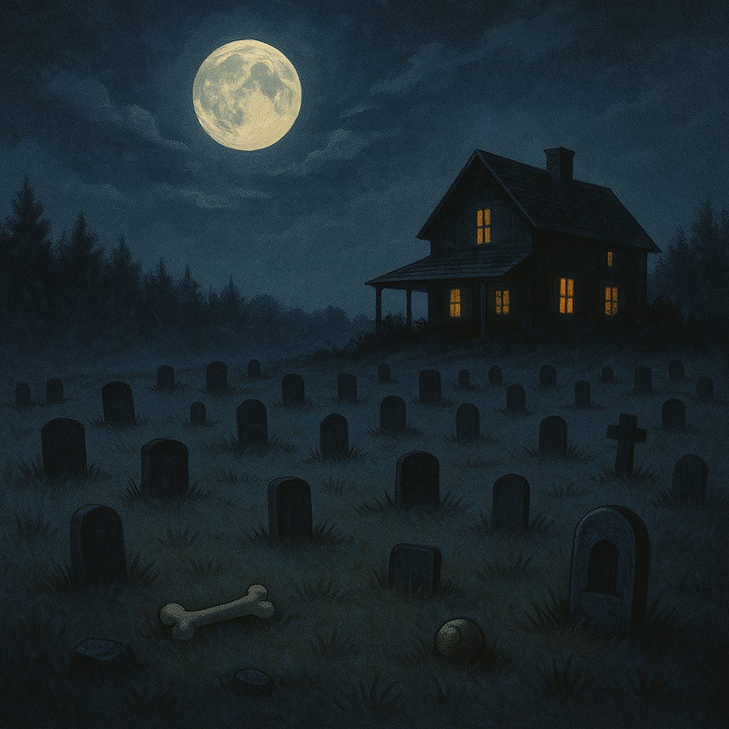 A moonlit pet cemetery with small, weathered gravestones sits in front of a crooked old farmhouse. A chewed-up tennis ball rests on one of the graves. One upstairs window glows with eerie yellow light, casting long shadows across the overgrown yard. The mood is ominous and unsettling.