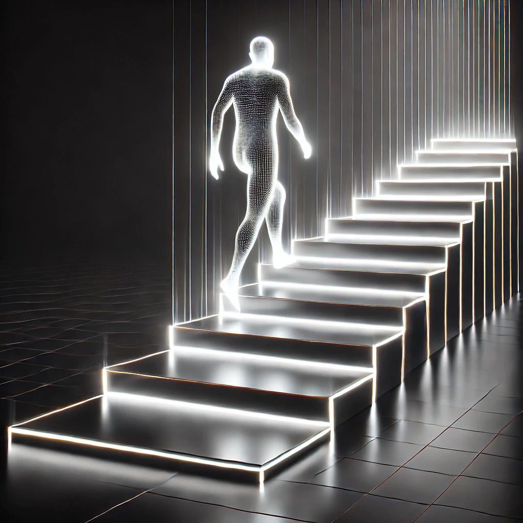 A high-contrast black-and-white aesthetic image symbolizing progress happening step by step. The image features a futuristic, digital representation of stepping stones or ascending levels, with a figure moving through each stage, glowing softly as they advance. The scene is minimalistic, sleek, and modern, with a clean, high-tech feel—similar to AI-generated concept art. No words, just a powerful visual that conveys the idea of sequential success.