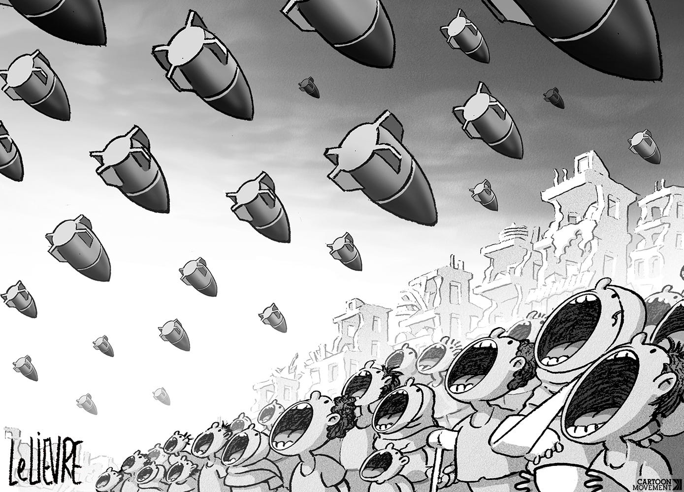 Cartoon showing a row of hungry children in Gaza looking up with their mouths open while a rain of missiles is about to fall.