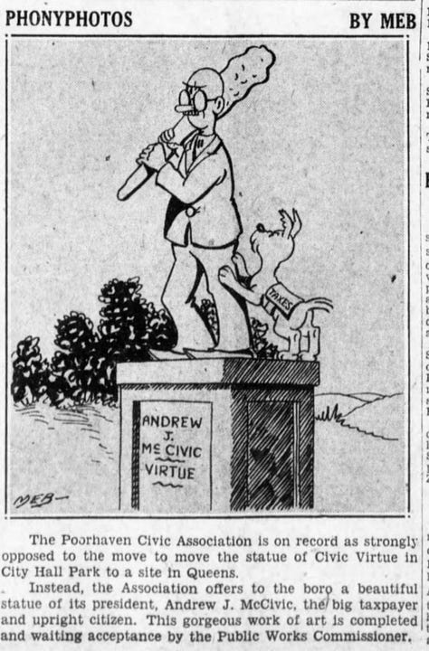 Images show a series of cartoons from the Brooklyn Daily Eagle featuring a civic worker named Andrew J. McCivic.