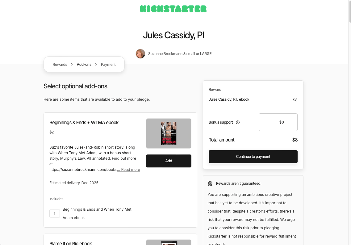 The "you've selected the ebook reward" page on the JULES Kickstarter campaign.