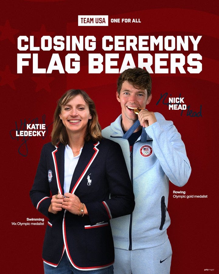 Closing Ceremony flag bearer graphic announcing Katie Ledecky and Nick Mead as Team USA’s flag bearers