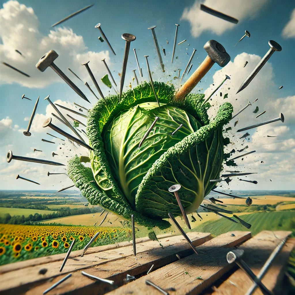 A surreal illustration of a cabbage exploding with nails flying out of it, set against a backdrop of a Ukrainian landscape. The cabbage is mid-explosion, with pieces of leaves and metal nails scattering in all directions. The background features rolling fields, sunflowers, and a blue sky with white clouds. The scene is dynamic and chaotic, with motion blur effects emphasizing the explosion.