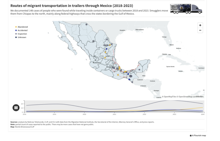 Routes of migrant transportation in trailers through Mexico (2018-2023) El CLIP