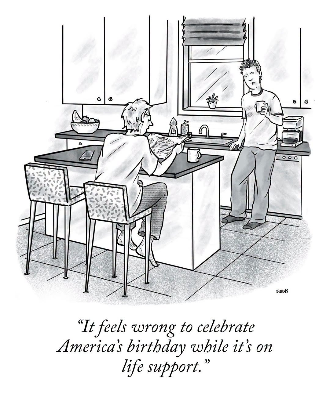 May be an illustration of studying, blueprint and text that says '000 ซันอฟร "It feels wrong to celebrate America's birthday while it's on life support."'