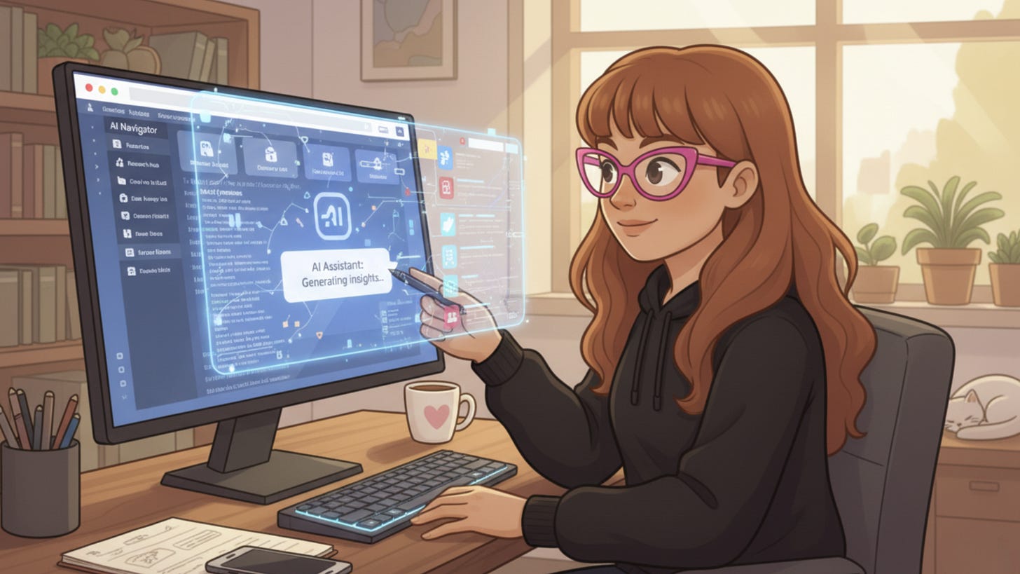 Cartoon illustration of TechTiff sitting at a desk using the ChatGPT Atlas browser, pointing at a large computer screen displaying AI tools and insights. She’s wearing pink glasses and a black hoodie, surrounded by warm lighting, plants, and a coffee mug, giving a cozy and tech-savvy workspace vibe.