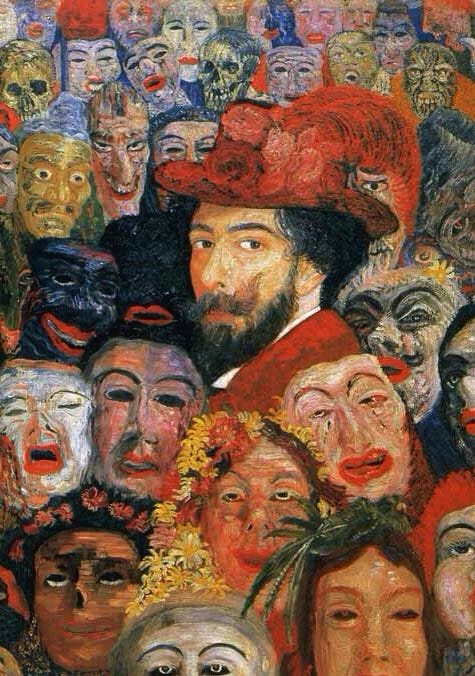 This may contain: a painting of many people with masks on their faces