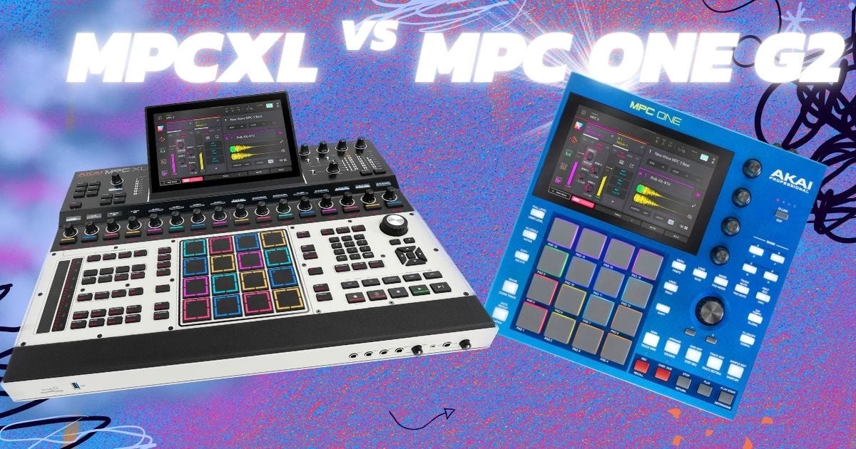 Featured image of large mpcxl on the left and mpc one G2 on the right saying MPC XL vs MPC ONE G2 Featured image of large mpcxl on the left and mpc one G2 on the right saying MPC XL vs MPC ONE G2