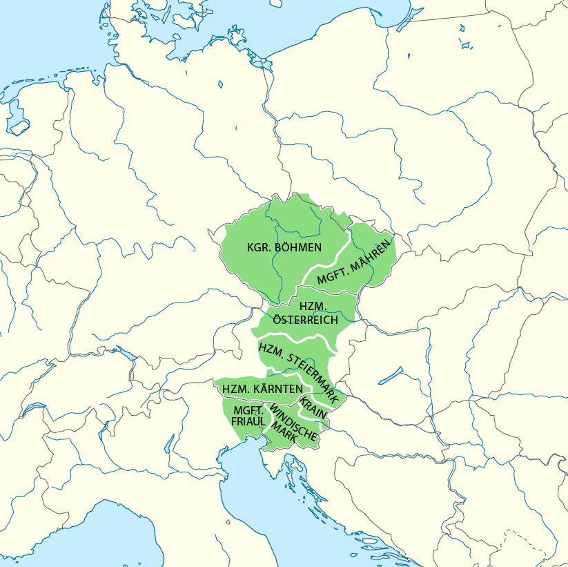 Domain of Ottokar II, King of Bohemia, taken from https://en.wikipedia.org/wiki/Ottokar_II_of_Bohemia#/media/File:Karte_B%C3%B6hmen_unter_Ottokar_II.png