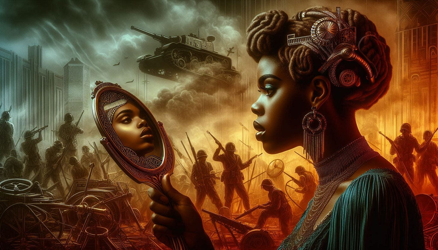 An African American woman looking into a mirror while a war rages around her. Art deco style.