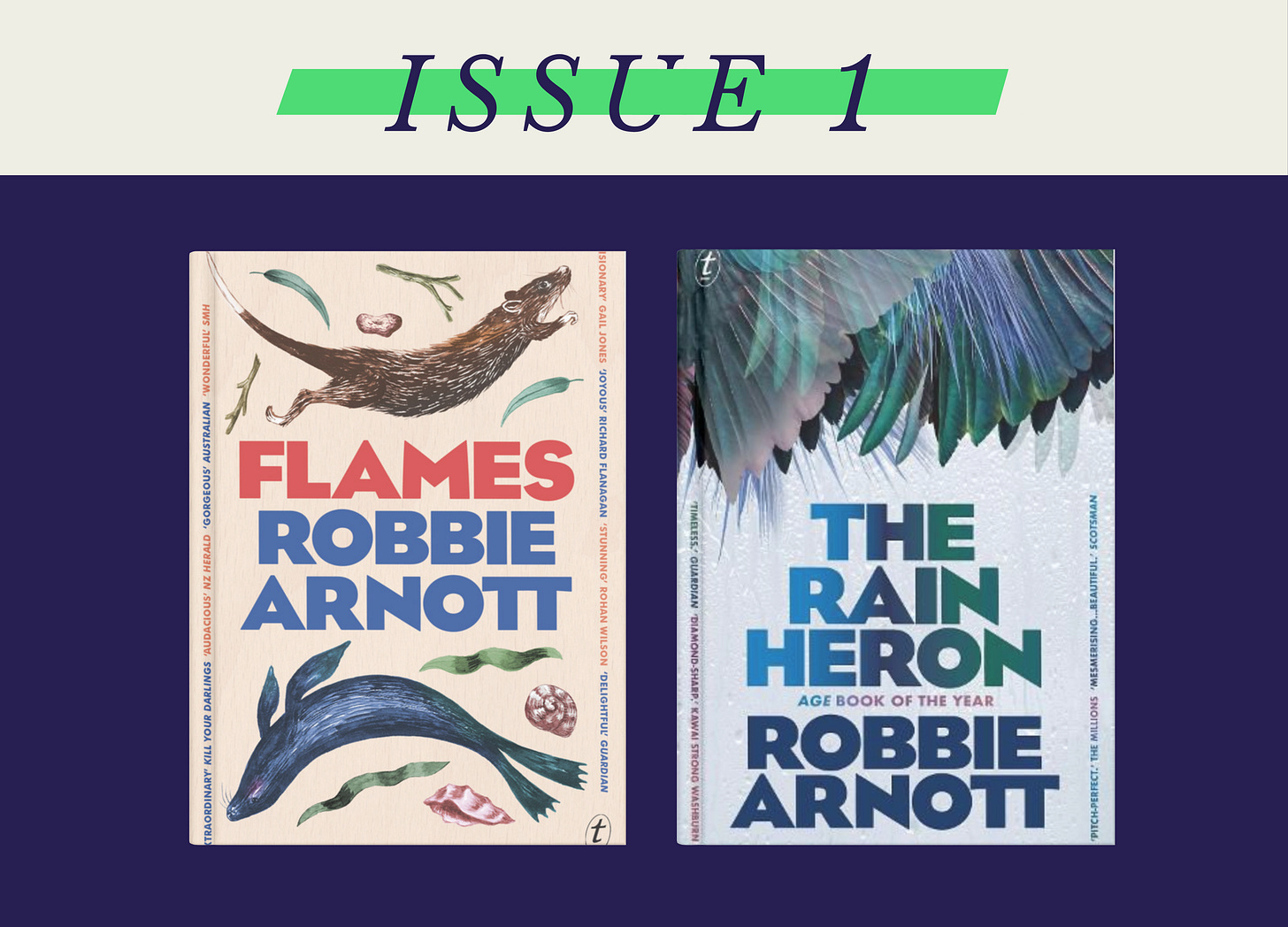 A stylised header image with the title Issue 1. Below the title is a navy blue rectangle. Inside the rectangle are two different book covers. Both book covers feature illustrations of animals in muted colours.