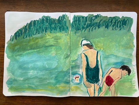 illustrations of people and a vulture drawn by Beth Spencer