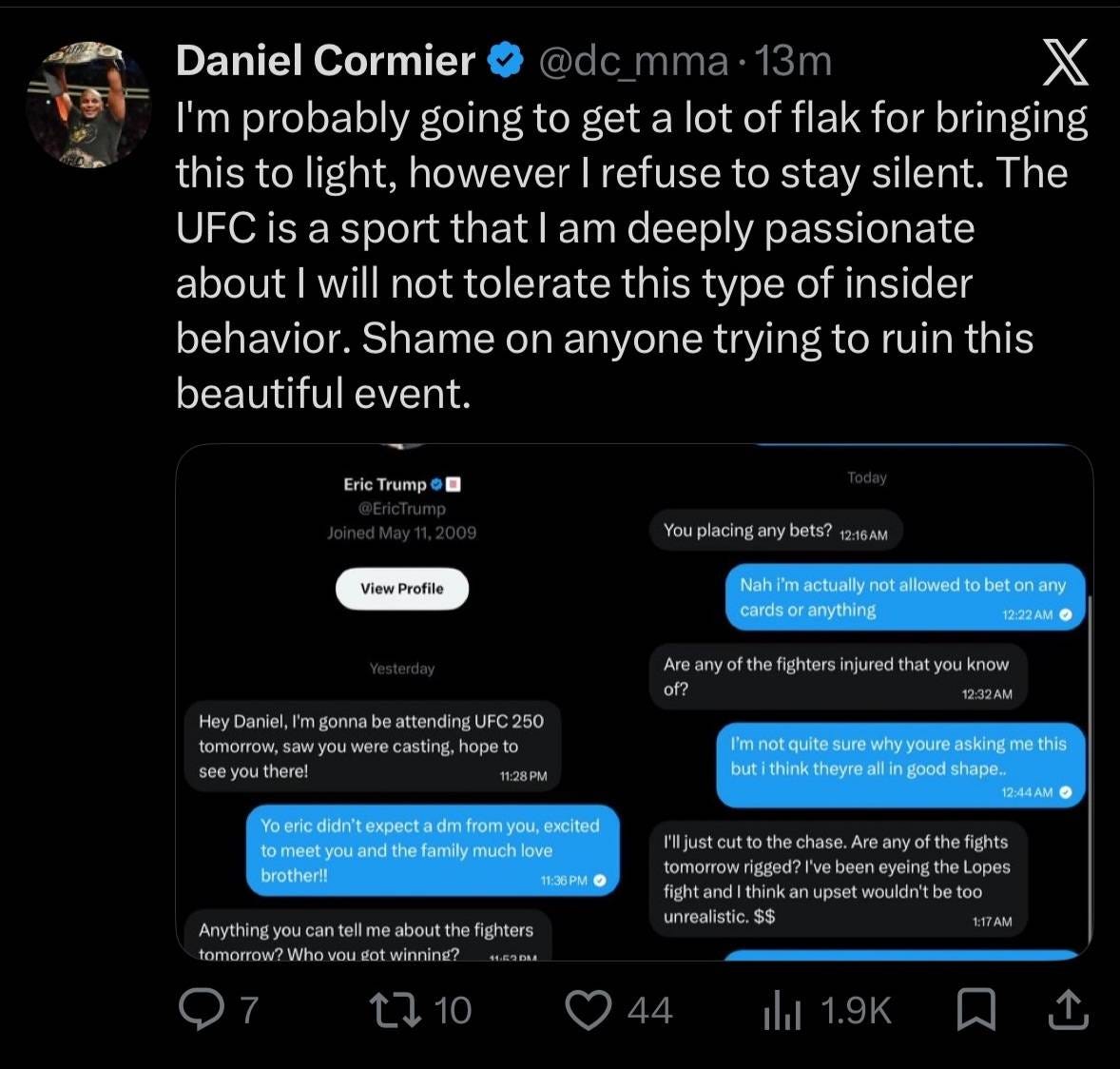 Deleted Daniel Cormier Post Claims Eric Trump Wanted Insider UFC White House Info Deleted Daniel Cormier Post Claims Eric Trump Wanted Insider UFC White House Info
