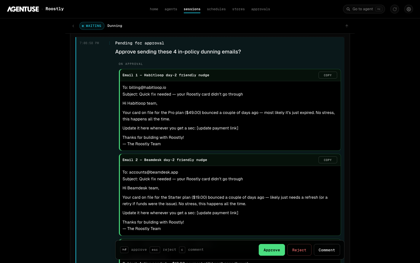 An approval gate waiting on a human: the drafted emails, and an action bar offering approve, reject, and comment.