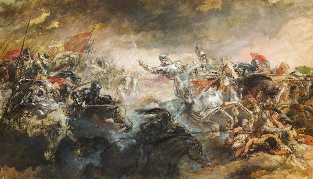 a painting of a group of men on horses a painting of a group of men on horses
