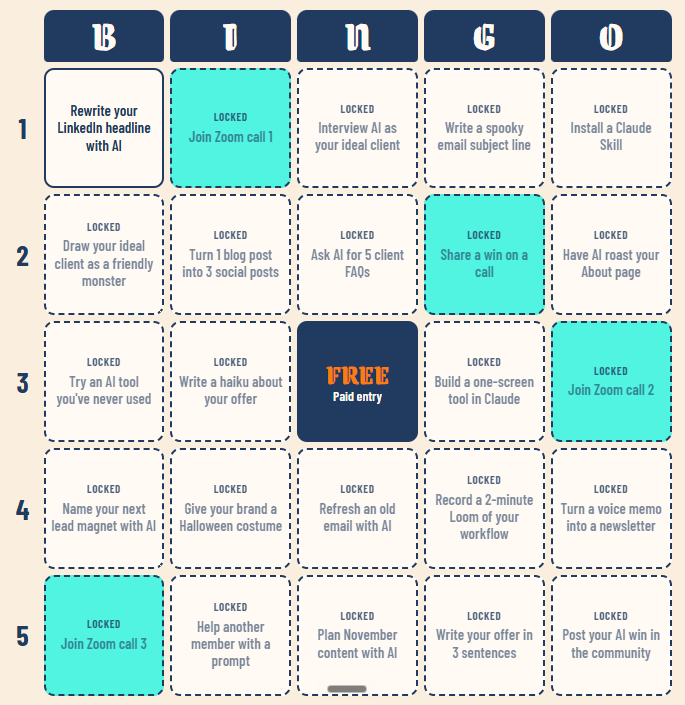Interactive PromptoberFest Bingo card created with Claude, featuring AI prompt activities that participants complete during a five-day event. Interactive PromptoberFest Bingo card created with Claude, featuring AI prompt activities that participants complete during a five-day event.