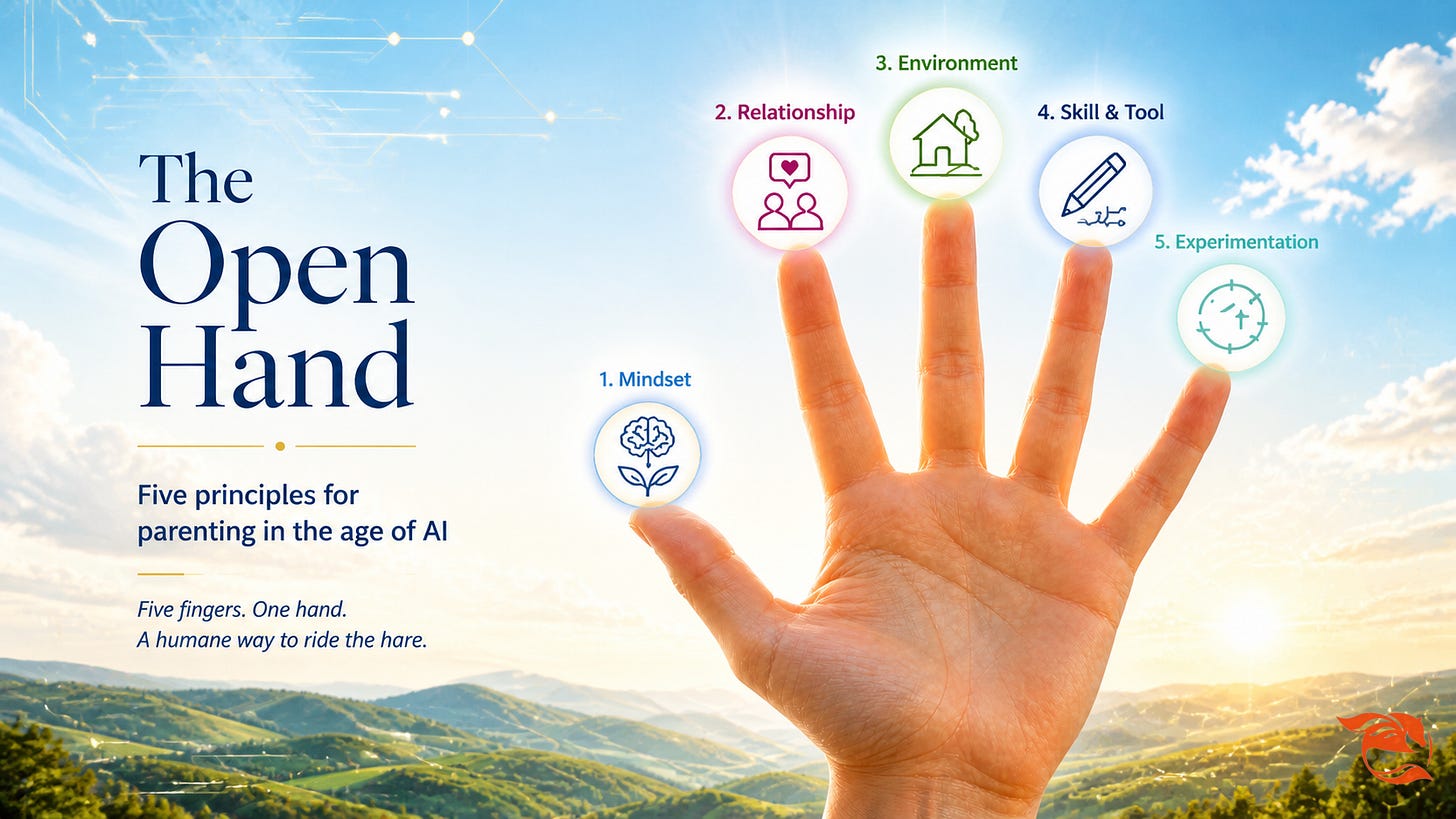 Illustration of an open hand with five fingers labeled: Mindset (thumb), Relationship (index), Environment (middle), Skill & Tool (ring), Experimentation (pinky)