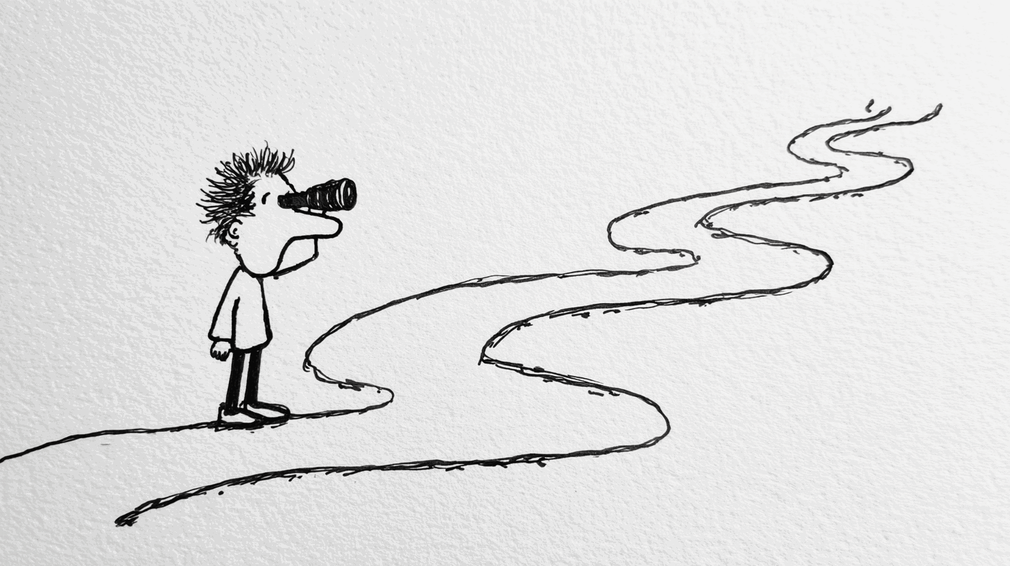 A man peers through a small telescope down a winding road that thins away into empty white space.