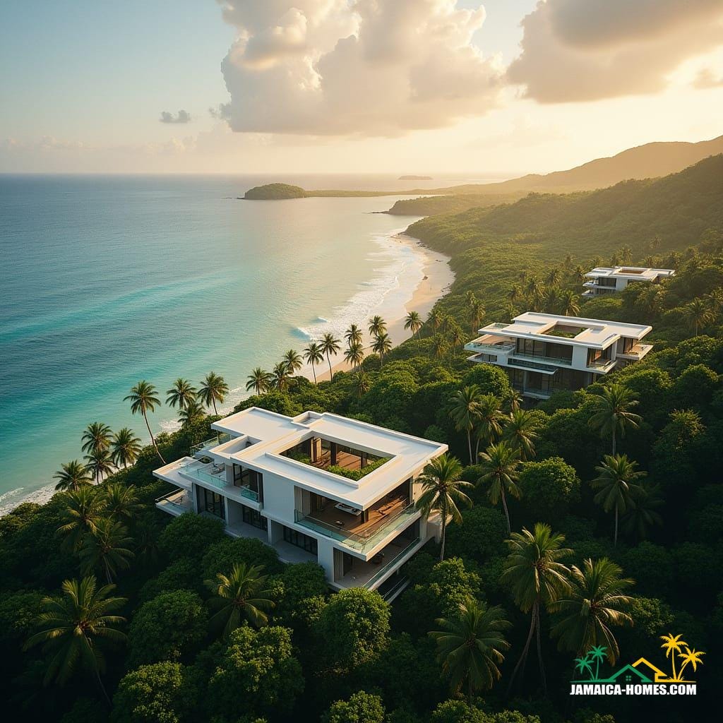 Majestic ocean-view residences and eco-resorts blend seamlessly into the lush green spaces of Montego Bay, Negril, and Seven Mile Beach, showcasing sustainable coastal developments that prioritize renewable energy and resilient infrastructure. Soft, warm light casts a cinematic glow on the modern architecture