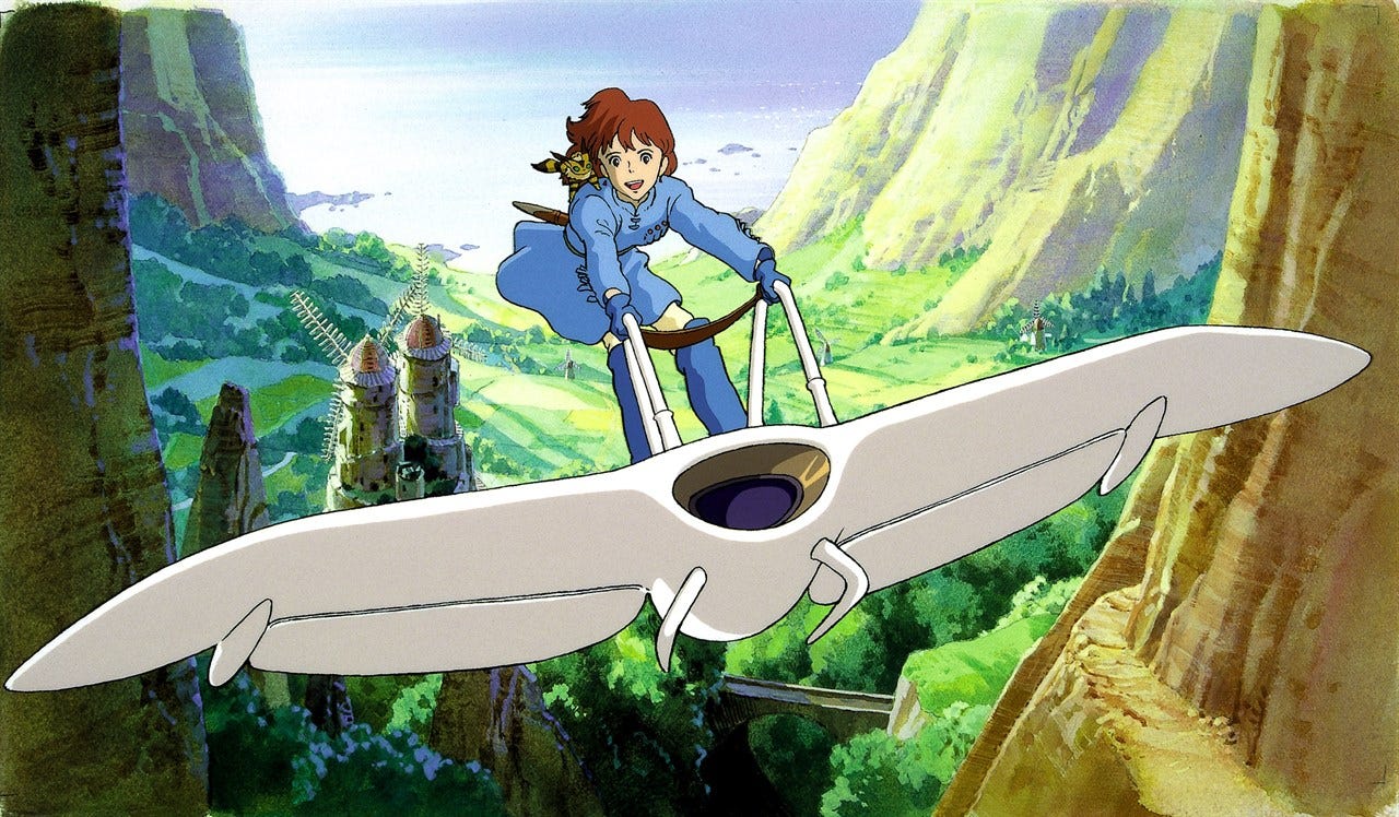 teenage girl on a flying ship with an animal on her shoulder over a landscape