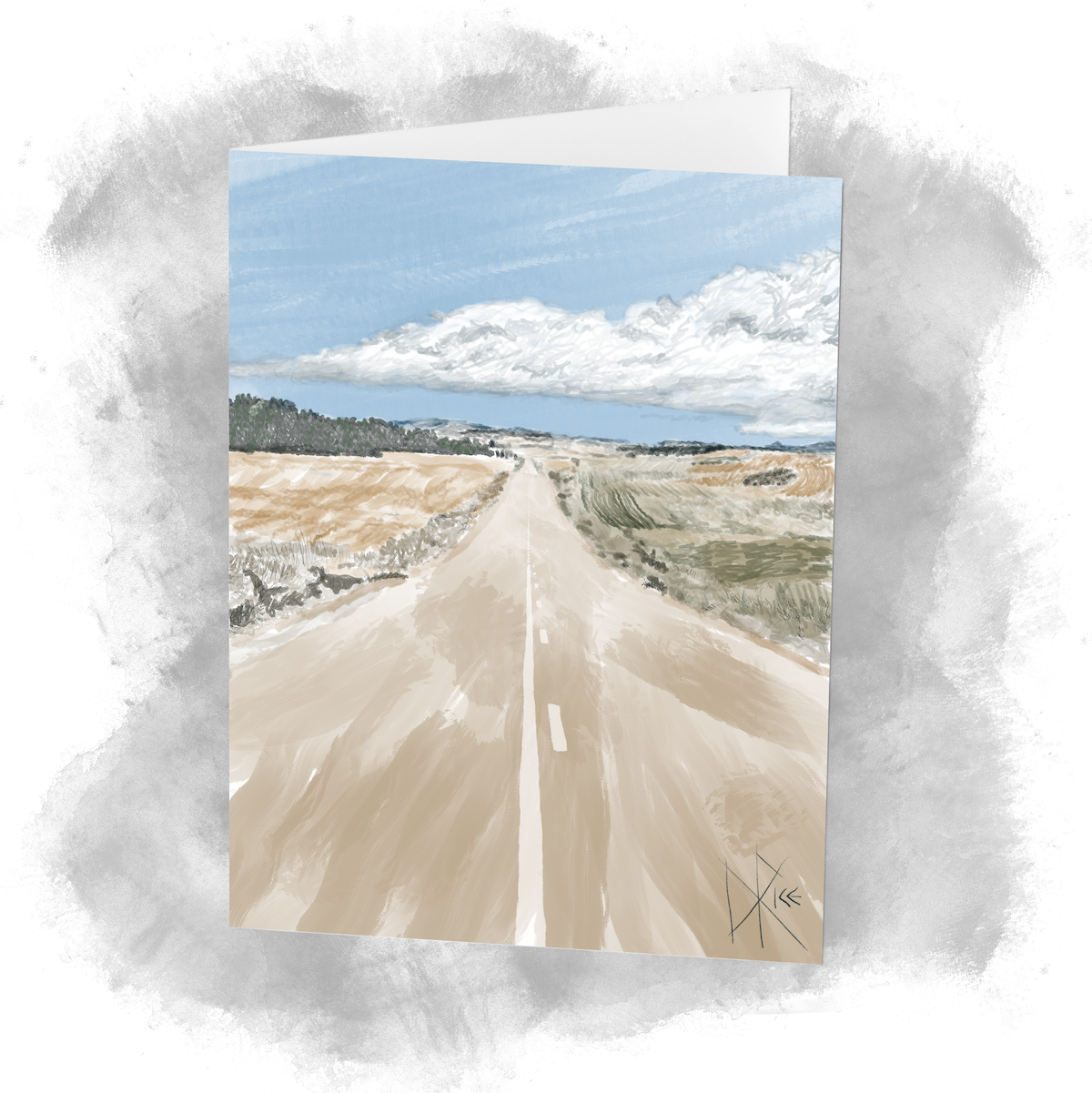 A road stretches into the distance with fields on either side, leading toward a horizon of hills below a partly cloudy sky. Sketch art by Don Rice. A road stretches into the distance with fields on either side, leading toward a horizon of hills below a partly cloudy sky. Sketch art by Don Rice.