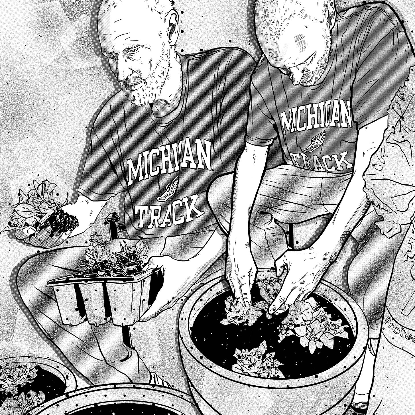 Black and white manga-style illustration of the author's father. There are two copies of him in various stages of potting plants.