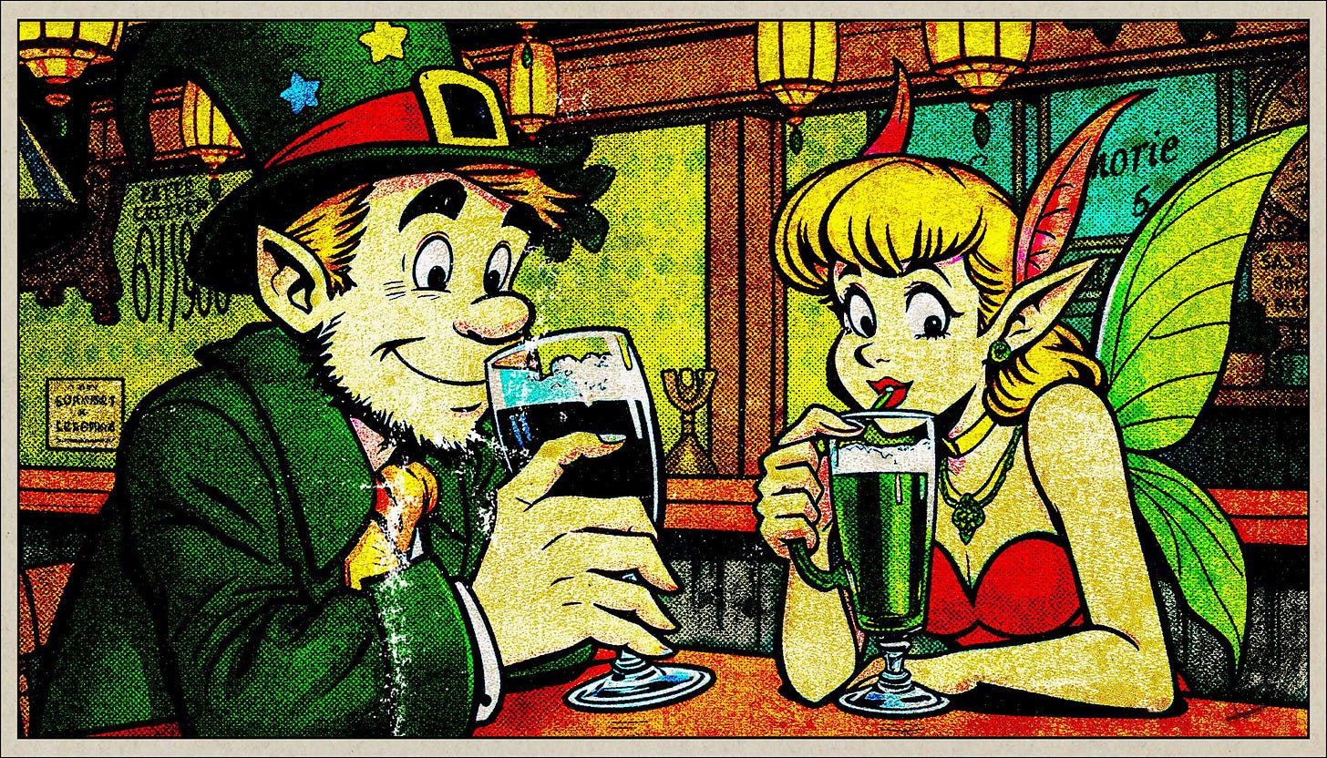 Leprechaun and pixie share drinks at a bar