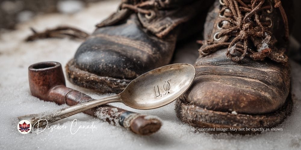 Personal artifacts of Franklin Expedition sailors — a silver spoon with initials, worn boots, and a clay pipe in the snow. Personal artifacts of Franklin Expedition sailors — a silver spoon with initials, worn boots, and a clay pipe in the snow.
