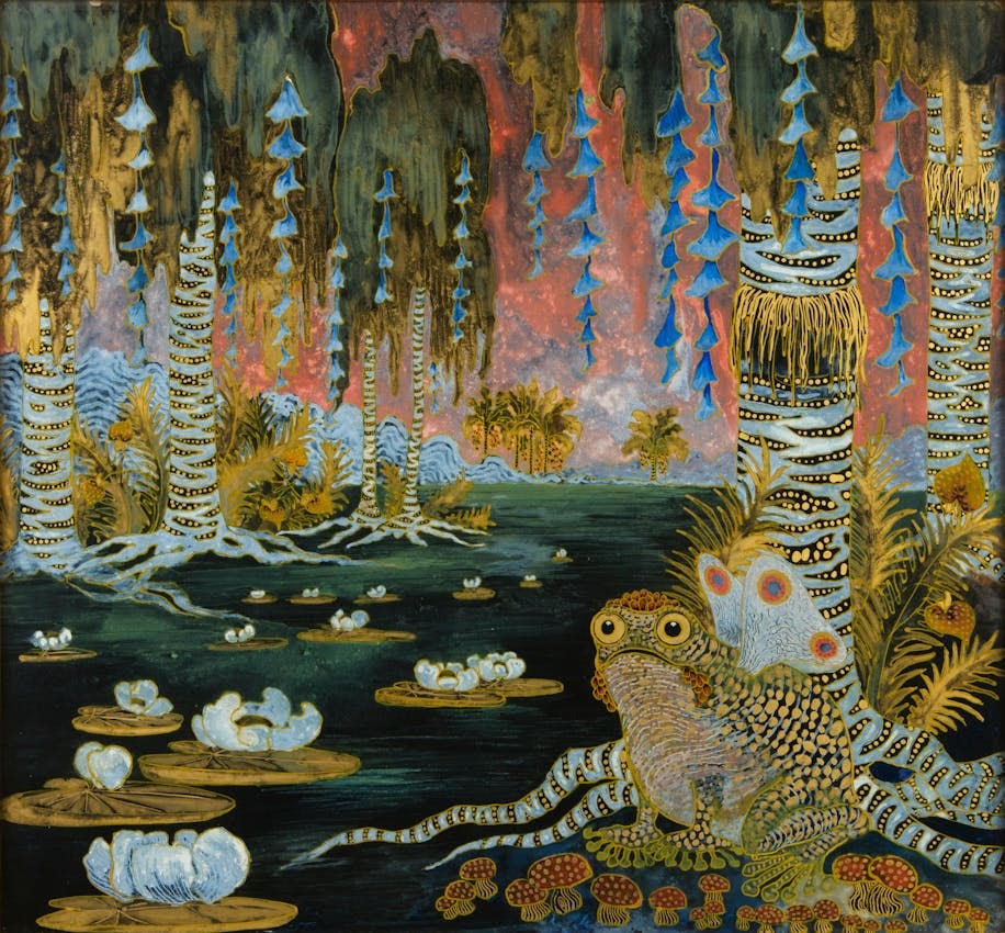 Reverse painting of frog in landscape Reverse painting of frog in landscape
