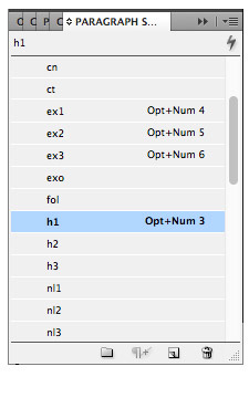 Paragraph Styles panel shows keys selected for InDesign keyboard shortcuts