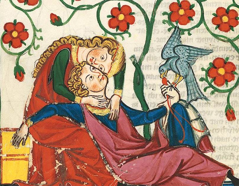Medieval painting of courtly love woman red dress embracing man Medieval painting of courtly love woman red dress embracing man