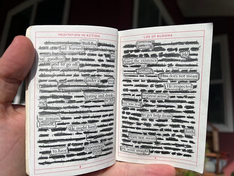 Crossed out words in a book with boxes around select words to form a poem