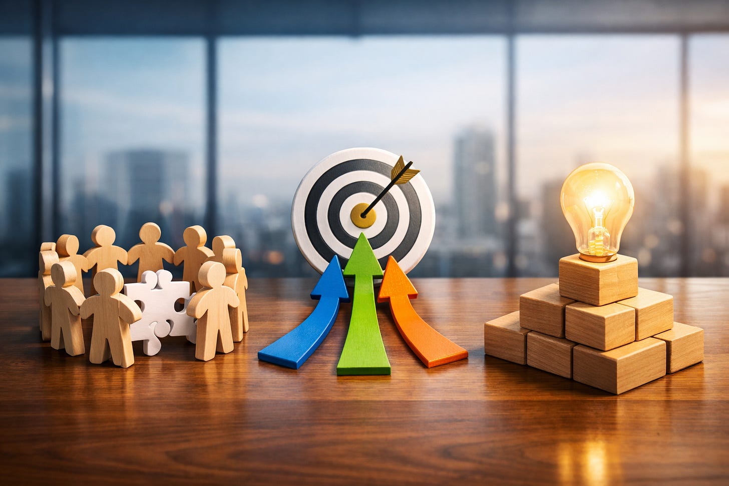 Wooden figures gathered around a puzzle piece, three arrows pointing to a bullseye target, and a glowing light bulb on stacked blocks, symbolizing teamwork, alignment, and empowered ideas.