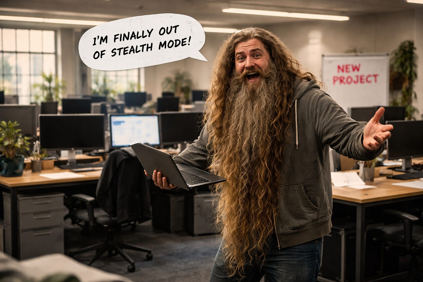 Founder with an extremely long beard announcing he is out of stealth mode in an empty office, symbolizing delayed startup launch. Founder with an extremely long beard announcing he is out of stealth mode in an empty office, symbolizing delayed startup launch.
