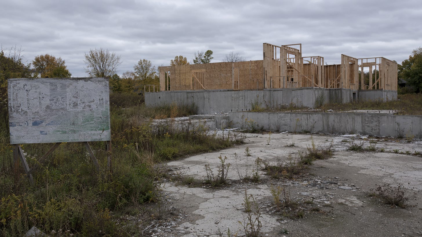 A stalled residential construction site in Ontario showing a poured concrete foundation and partial wooden framing, with weeds growing through cracked concrete in the foreground and a weathered, illegible site plan sign at left, under an overcast autumn sky.