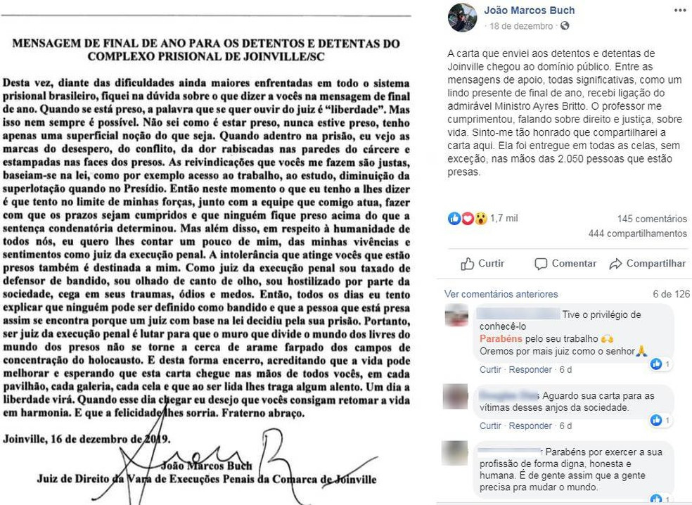 Mensagem de fim de ano escrita por juiz e endereçada aos detentos da Comarca de Joinville. — Foto: Reprodução/Facebook